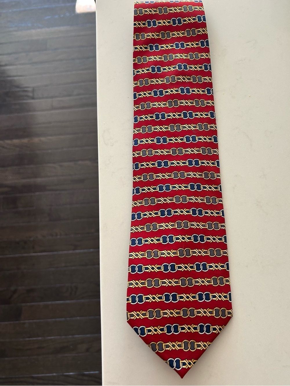 Gucci by Paolo - Men's Red Tie with Navy and Gold Chain Pattern